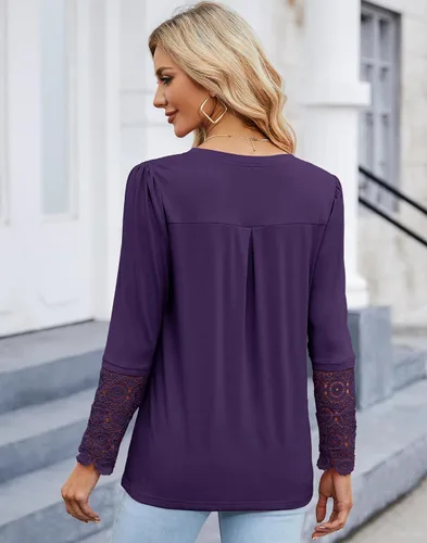 Miniatura 5 de BLITYA Blusas casuales con cuello en V para mujer, camisas de manga de encaje