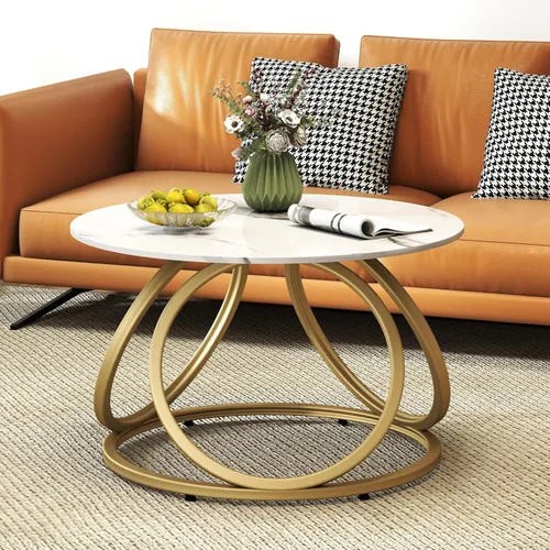 Miniatura 9 de O&K FURNITURE Mesa auxiliar redonda dorada, parte superior de mármol sintético con venas, mesa central moderna con marco de metal dorado, para sala