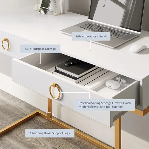 Miniatura 4 de BELLEZE Mesa de Tocador con 2 Cajones, Escritorio para Computadora de 45 Pulgadas, Mesa de Maquillaje Moderna, Mesa de Vestir, Escritorio para Blanco