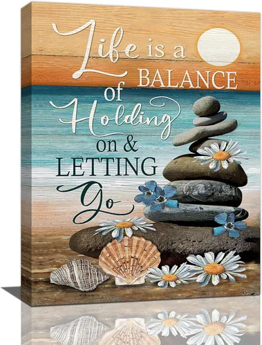Lienzo inspirador de playa costera, arte para pared, diseño de piedras zen, puesta de sol y océano, decoración de pared, citas de vida, impresiones