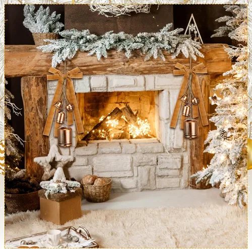 Miniatura 4 de Juego de 2 campanas rústicas de vaca de Navidad con cinta de terciopelo caqui de 25 yardas, campanas colgantes vintage navideñas hechas a mano