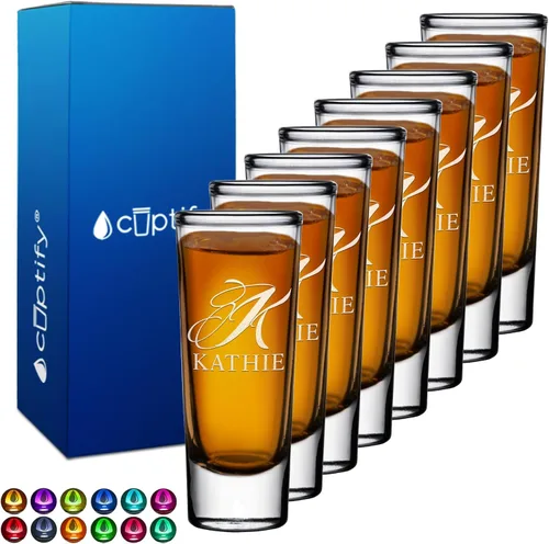 Miniatura 47 de Vaso de chupito personalizado con fondo verde azulado personalizado de 2 oz, vasos de chupito cordial con inicial en script dividido y nombre