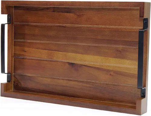 Miniatura 4 de Bandeja de madera de acacia de 17 x 11 pulgadas con mango de hierro negro. Bandeja decorativa para café, whisky, bandeja de madera para cocina, sala