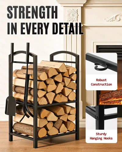 Miniatura 5 de Breeze Touch Estante de leña de 29 pulgadas con 4 herramientas para chimenea, soporte de troncos resistente de 5 piezas para chimenea