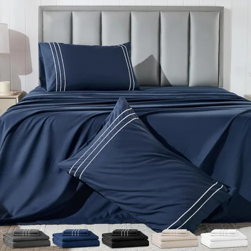 Miniatura 11 de Juego de sábanas tamaño individual con funda de almohada bordada, sábanas de microfibra ultrasuave de 3 piezas, comodidad de hotel de lujo, sábana