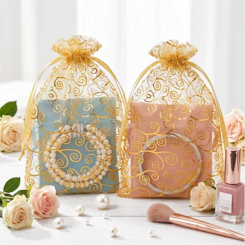 Miniatura 7 de joycraft 50 bolsas de regalo de organza – 11.8 x 7.9 pulgadas, bolsas de regalo de malla dorada con cordón, bolsa de organza para regalo de San
