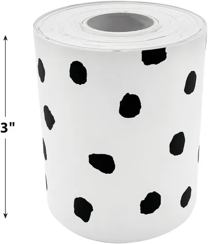 Miniatura 8 de Teacher Created Resources Borde enrollado recto blanco con lunares pintados en negro - 50 pies - Decora tablones de anuncios, paredes, escritorios
