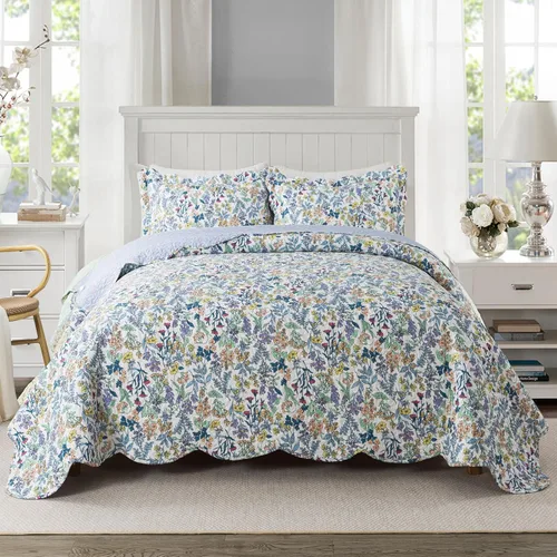 Miniatura 9 de Travan Juego de Edredón de 3 Piezas Tamaño King Colcha Acolchada Ligera Juego de Cubrecama Reversible con Estampado Floral Juego de Ropa de Cama