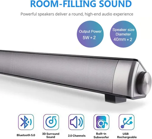 Miniatura 2 de TOPROAD Barra de sonido, barra de sonido con cable e inalámbrico Bluetooth 5.0, micrófono integrado, para teléfono celular/tablet/proyector