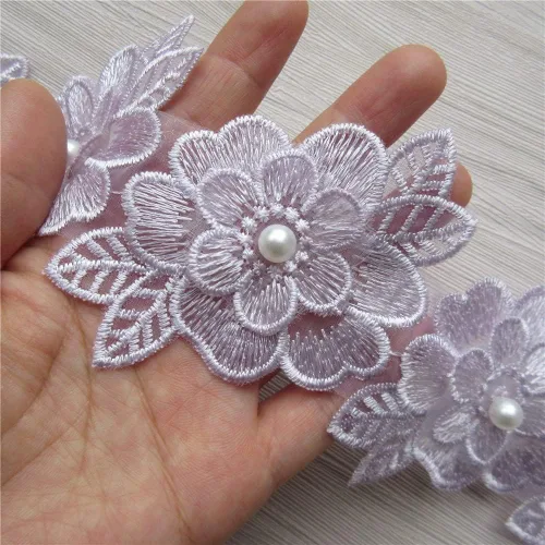 Miniatura 10 de 2 yardas de encaje de flores 3D con perlas bordadas, de poliéster, cinta de encaje con aplicación de patchwork para vestido de novia, manualidades