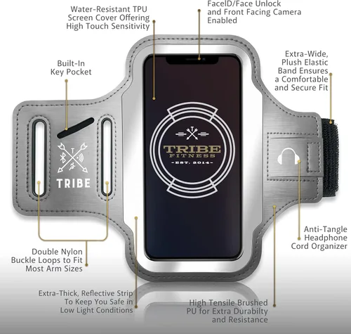 Miniatura 3 de TRIBE Brazalete porta teléfono para correr. Brazaletes deportivos para teléfonos celulares iPhone y Galaxy para mujeres, hombres, corredores, Gris