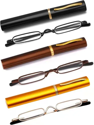 Paquete de 3 Gafas de Lectura Mini Delgadas Tipo Bolígrafo - Lectores Compactos con Estuche de Clip para Bolígrafo, Bisagra de Resorte, Armazón de