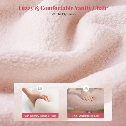Miniatura 10 de DurayLoly Silla de Tocador con Ruedas Rosa, Linda Silla de Tocador con Respaldo, Silla de Escritorio Ultra-Suave de Felpa, Silla de Oficina Pequeña
