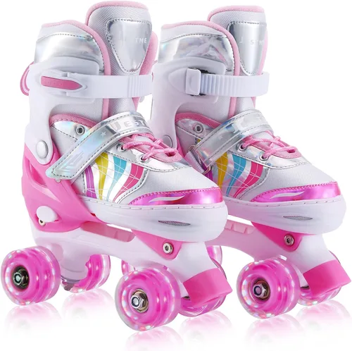 Patines ajustables para niños y niñas, niños pequeños, jóvenes, color rosa, 4 tamaños, ajustables, para niños y niñas, para tallas 11J hasta talla