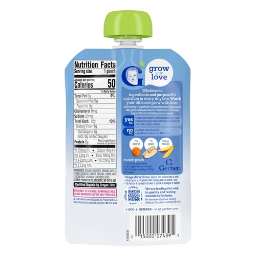 Miniatura 2 de Gerber Alimento para bebés etapa 2, mango orgánico de zanahoria y manzana, bolsas de comida para bebés, bolsas de puré, vitamina A, C y E ayuda a