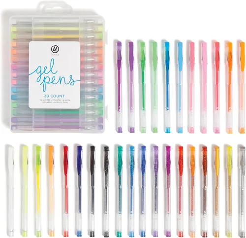 U Brands Bolígrafos de gel metálicos, juego de 30, tamaños de punta surtidos, purpurina, pastel, neón y colores surtidos clásicos