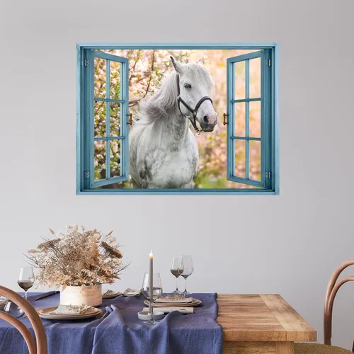 wall26 Adhesivo de pared extraíble/mural de pared, vista de ventana, majestuoso semental blanco, caballo, bosque, animales, fotografía de