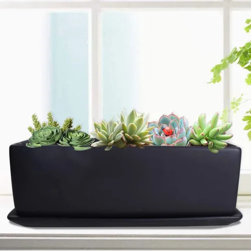 Miniatura 6 de Vencer Maceta rectangular moderna minimalista de cerámica para suculentas de 12 pulgadas, caja con ventana con platillo, soporte de escritorio