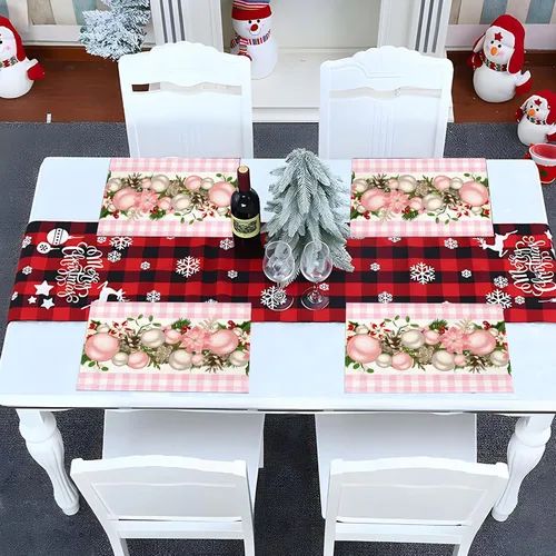 Miniatura 2 de Nepnuser Juego de 4 Manteles Individuales de Navidad a Cuadros Vichy y de Búfalo Rosa y Blanco, Decoración Navideña para Hogar Cocina Mesa de Comedor