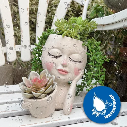 Miniatura 5 de Maceta con Rostro - Macetas Dobles para Plantas de Interior y Exterior, Resina, Cabeza de Planta con Agujero de Drenaje, Linda Cara de Dama, Macetas