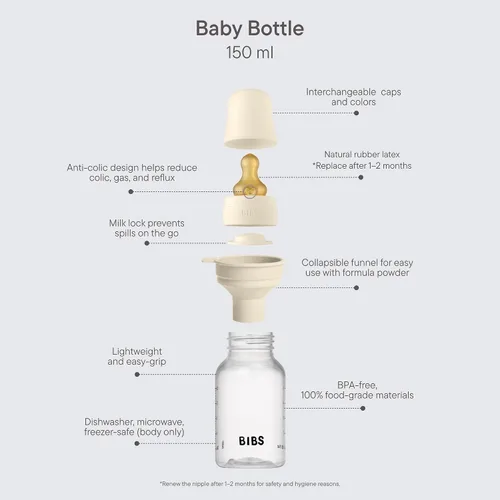 Miniatura 2 de BIBS Biberón para bebé 5 oz / 150 ml de goma natural de látex con pezón - Anti-cólico, libre de BPA, pezón redondo, flujo lento, ligero y fácil