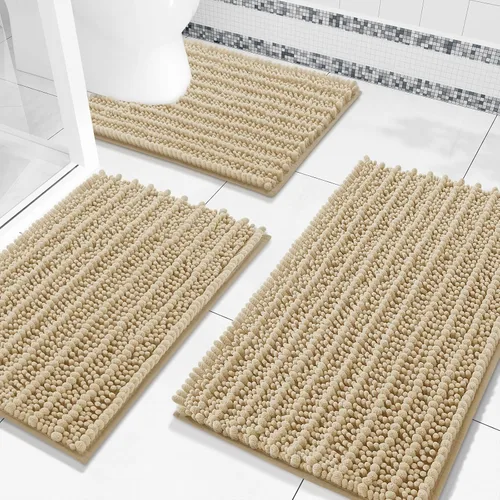 Arotive Juego de 3 alfombras de baño de chenilla, extra suaves, absorbentes, peludas y de contorno en forma de U, antideslizantes, lavables a