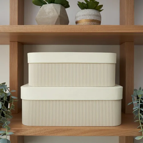 Miniatura 7 de Cajas de almacenamiento decorativas con tapas: juego de 2 hermosos cubos organizadores de cartón acanalado para la decoración de estanterías de tu