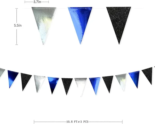 Miniatura 2 de Decoraciones de fiesta de 30 pies azul marino, negro y plateado, bandera triangular azul real, banderín con banderines para graduación, cumpleaños
