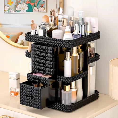 Organizador de maquillaje giratorio de 360 grados para tocador, organizador grande para el cuidado de la piel con 6 cajones, organizador de