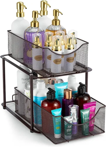 Miniatura 14 de Sorbus Organizador de metal para debajo del fregadero de 2 niveles para baño, cocina, cajones deslizantes de malla de acero fuerte para debajo