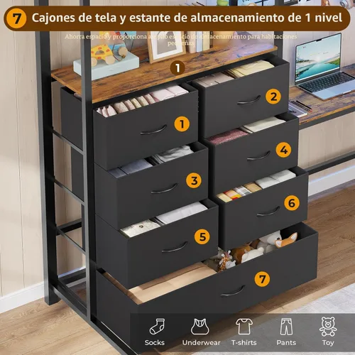 Miniatura 4 de DICTAC Cama alta individual con escritorio en forma de L y 7 cajones de almacenamiento, cama alta de metal tamaño individual para niños con luces