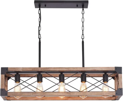 Iluminación de Isla de Cocina Estilo Granja, Lámpara de Comedor de 5 Luces, Candelabro Lineal Estilo Granja con Madera Maciza para Comedor Cocina