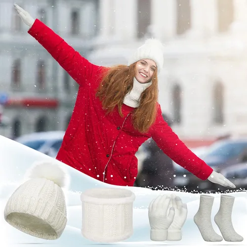 Miniatura 7 de 8 piezas de gorro de invierno cálido con pompón para mujer, gorro de punto calavera, calentadores de cuello, bufandas, guantes de punto