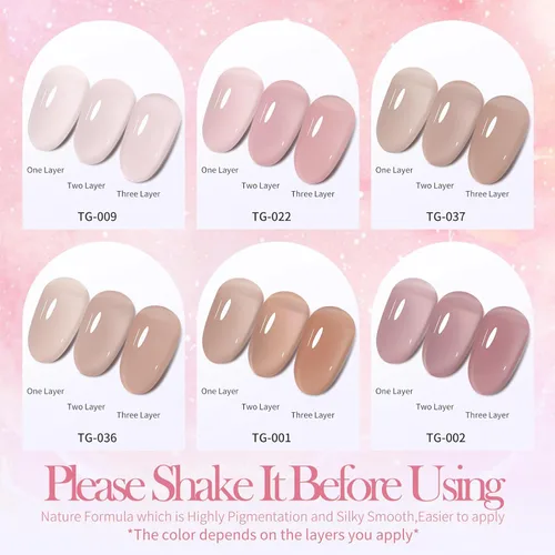 Miniatura 2 de TONITU G · Juego de 6 esmaltes de uñas de gel de gelatina, color rosa pálido, rosa pálido, rosa polvoriento, melocotón, malva, gris topo, kit
