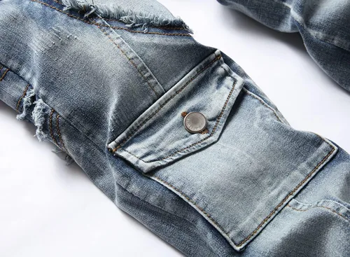 Miniatura 4 de XIMXIMMTIAN Jeans rectos de motociclista para hombre, desgastados, desgastados, ajustados, rectos