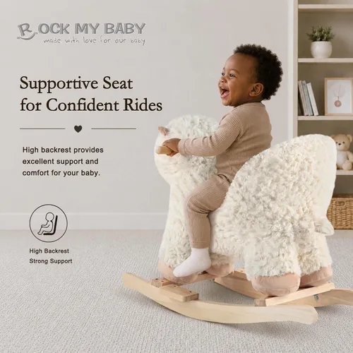 Miniatura 3 de Rock My Baby Caballo de madera con asiento para bebé, alpaca y llama, peluche con asiento para bebés de 1 a 3 años, juguete de balanceo de madera