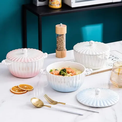 Miniatura 4 de Creamic - Tazón de yogur con tapa, 33 onzas, moderno, degradado, ligero, fiesta de lujo para ensaladas y frutas, vajilla de cocina, color rosa