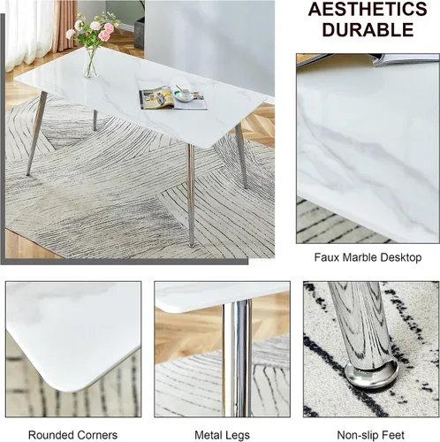 Miniatura 2 de Juego de mesa de comedor en blanco y negro de 51 pulgadas para 4, mesa de cristal minimalista moderna y 4 sillas tapizadas de piel sintética