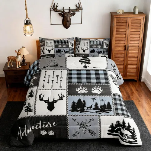 Miniatura 4 de Juego de edredón Deer Bear para niños tamaño completo, juego de ropa de cama rústica de aventura de caza para decoración de habitación de niños
