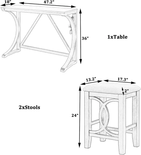 Miniatura 2 de JIVOIT Juego de mesa de comedor de 3 piezas con altura de mostrador, juego de comedor de madera maciza con 2 taburetes tapizados, mesa de comedor