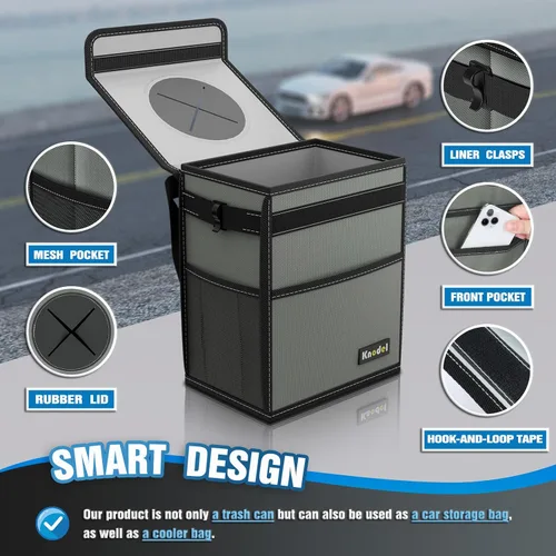 Miniatura 3 de K KNODEL Basurero para automóvil, impermeable, bolsa de basura con tapa, a prueba de fugas, bolsa colgante de basura para SUV (mediano, gris)