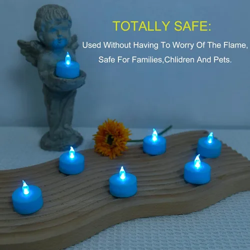 Miniatura 3 de Velas de té sin llama, paquete de 50 velas LED, realistas y brillantes, parpadeantes, de larga duración, 200 horas para festividades, fiestas, Azul