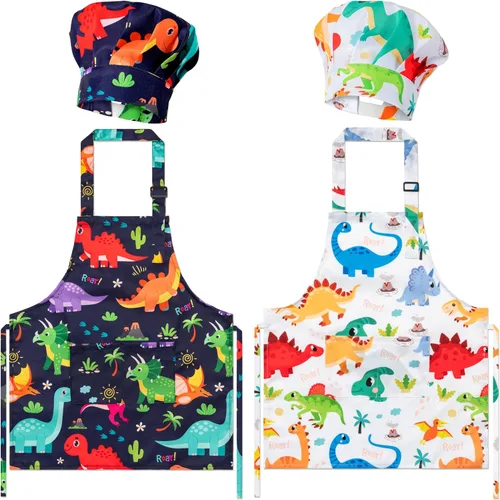Miniatura 17 de Juego de 4 delantales y sombrero de chef para niños, regalo para niñas y niños, con palabras del alfabeto de animales, delantales ajustables