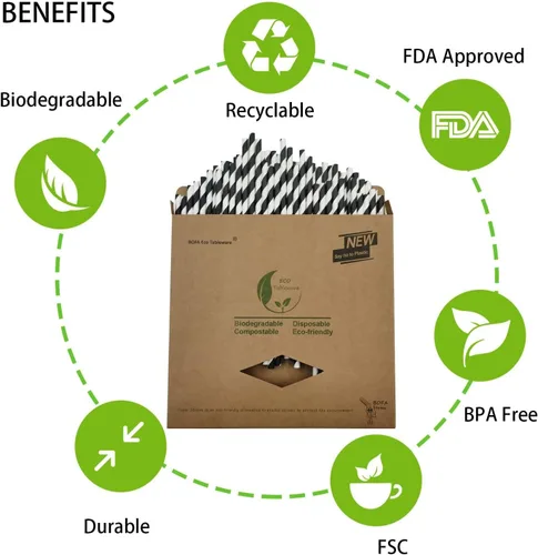 Miniatura 4 de Pajitas de papel a rayas blancas y negras, 100% biodegradables y compostables pajitas de beber a rayas negras para suministros de fiesta