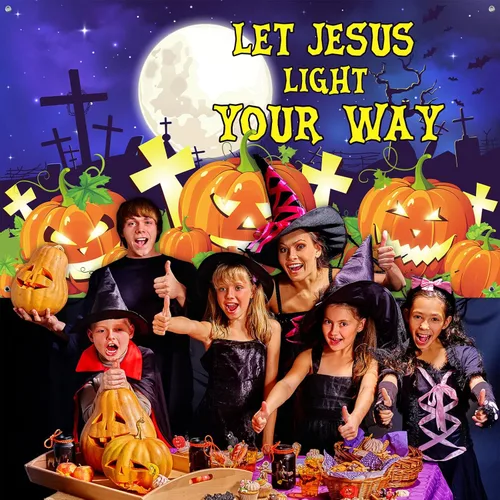 Miniatura 5 de WovWeave Pancarta de fondo de calabaza cristiana de Halloween, decoración religiosa para tronco o golosinas, 72.8 x 43.3 pulgadas, deja que Jesús