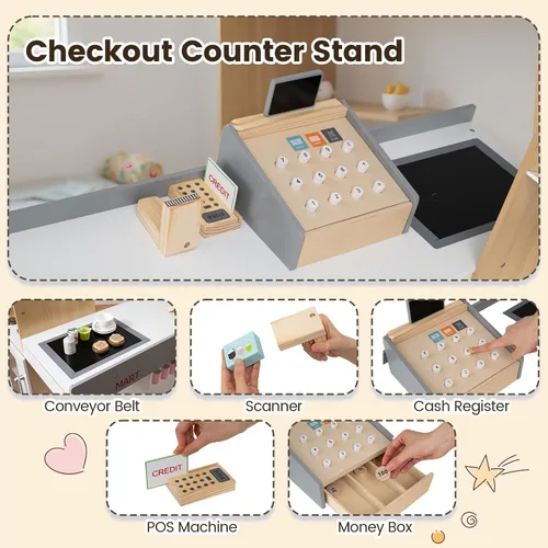 Miniatura 3 de Costzon Juego de simulación para tienda de comestibles, tienda de juegos de madera, juego de supermercado para niños pequeños con caja registradora