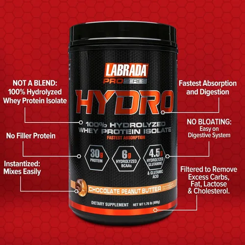 Miniatura 2 de LABRADA HYDRO 100% Polvo de proteína aislada de suero hidrolizada pura, sin lactosa, 6g de BCAA, 4.5g de glutamina, el suero más rápido de digerir