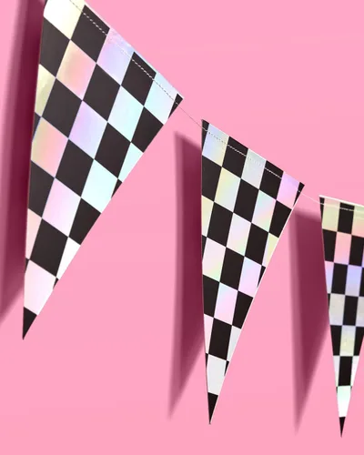 Miniatura 4 de xo, Fetti Bandera de decoración de fiesta a cuadros negros e iridiscentes, juego de 4, 32 pies Guirnalda de discoteca para despedida de soltera