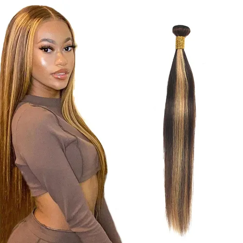 Paquetes P4/27 de cabello humano lacio con mechas, paquetes de cabello brasileño sin procesar y virgen, 1 paquete de 12 pulgadas, tono doble #4