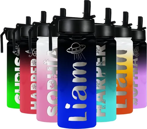 Miniatura 24 de Botella de agua personalizada para niños con tapa de popote en azul aguamarina degradado para la escuela, nombre personalizado para niños, 18 onzas